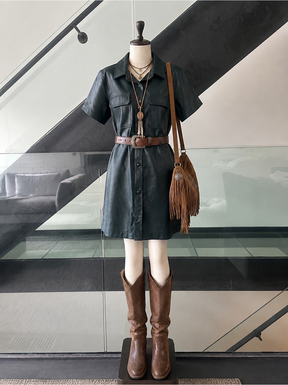 7 For All Mankind Green Faux Leather Shirt Dress